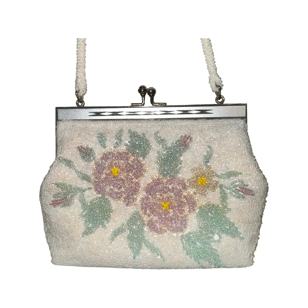 CMC Taiwan Beaded Handbag Womens White 1950s‎ Floral Kiss Lock Evening Bag
